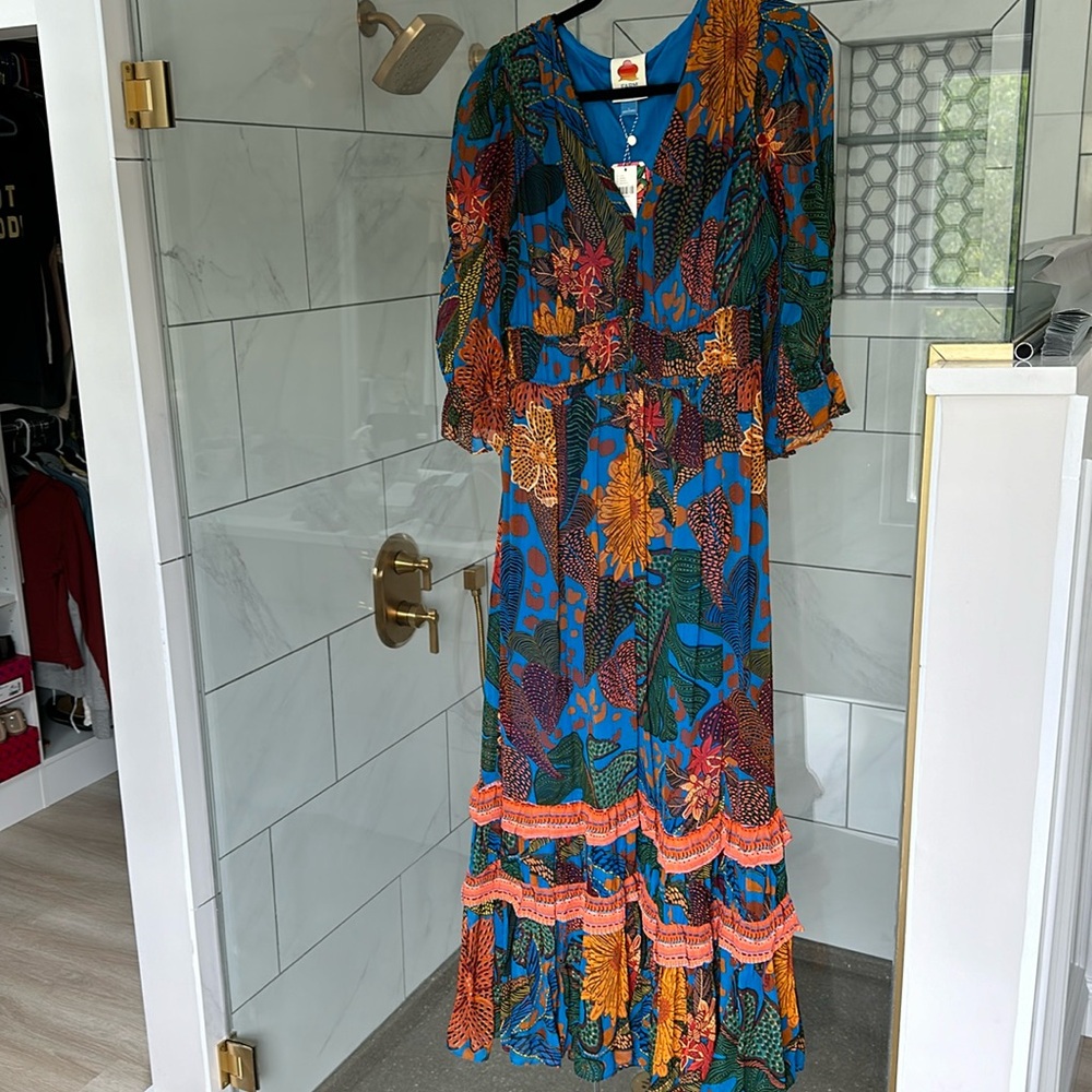 Farm Rio for Anthropologie sz small maxi dress , blue, green, orange, brown NWT